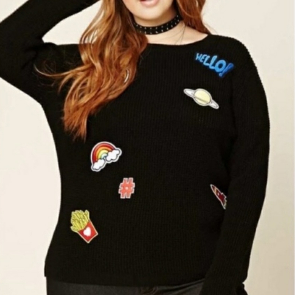 🔥4/$20 Forever 21 Black Graphic Embroidered Patch Sweater